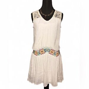 Vintage American Rag White Dress with Colorful Embroidered waistband